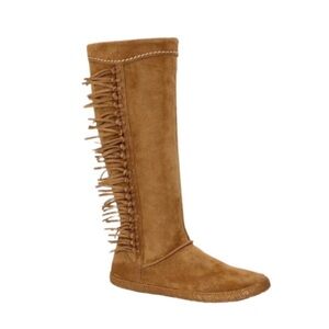 Ugg Mammoth Fringe Tall Tan Suede Moccasin Boots Zip-up Women’s size 5.5 EUC